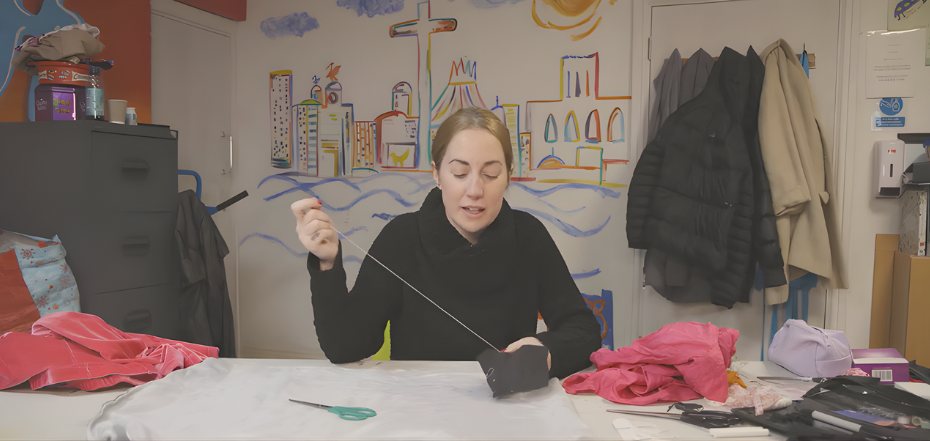 Siobhan Kerr from Zero Fashion demonstrates how to backstitch. Credit - MRWA / Culture City.